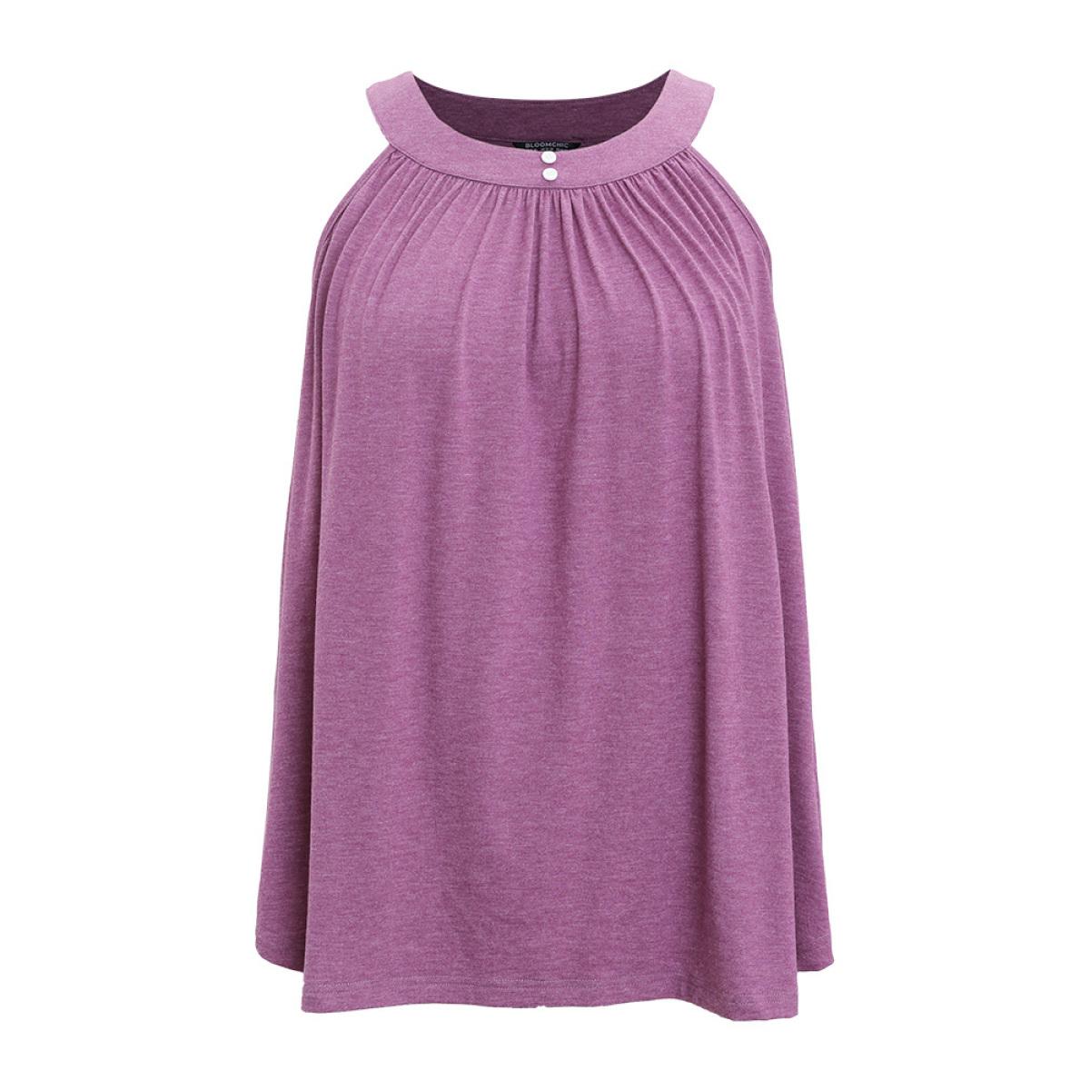 Plus Size Halter Gathered Button Detail Arc Hem Cami Top Women Purple Elegant Gathered Halter neck Dailywear Tank Tops Camis BloomChic 10/M Product Image