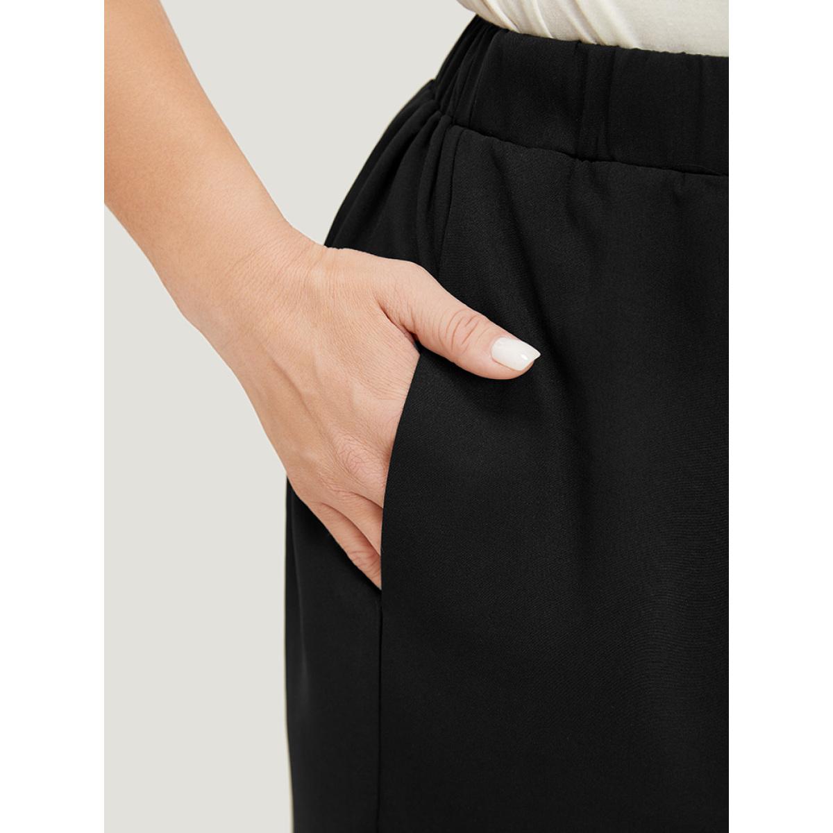 Plus Size Plain Pocket Laser Cut Pants Women Black Elegant Straight Leg High Rise Dailywear Pants BloomChic 12/L Product Image