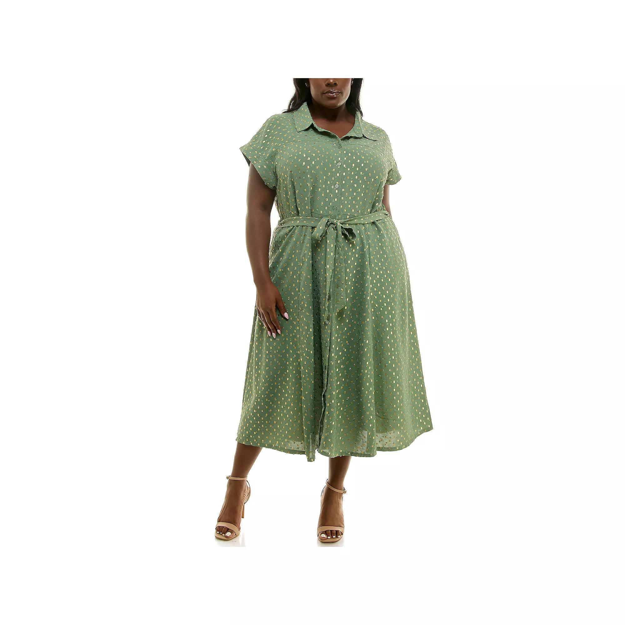 Plus Size Nina Leonard Spotted Gold Button Down Shirt Midi Dress, Womens Product Image