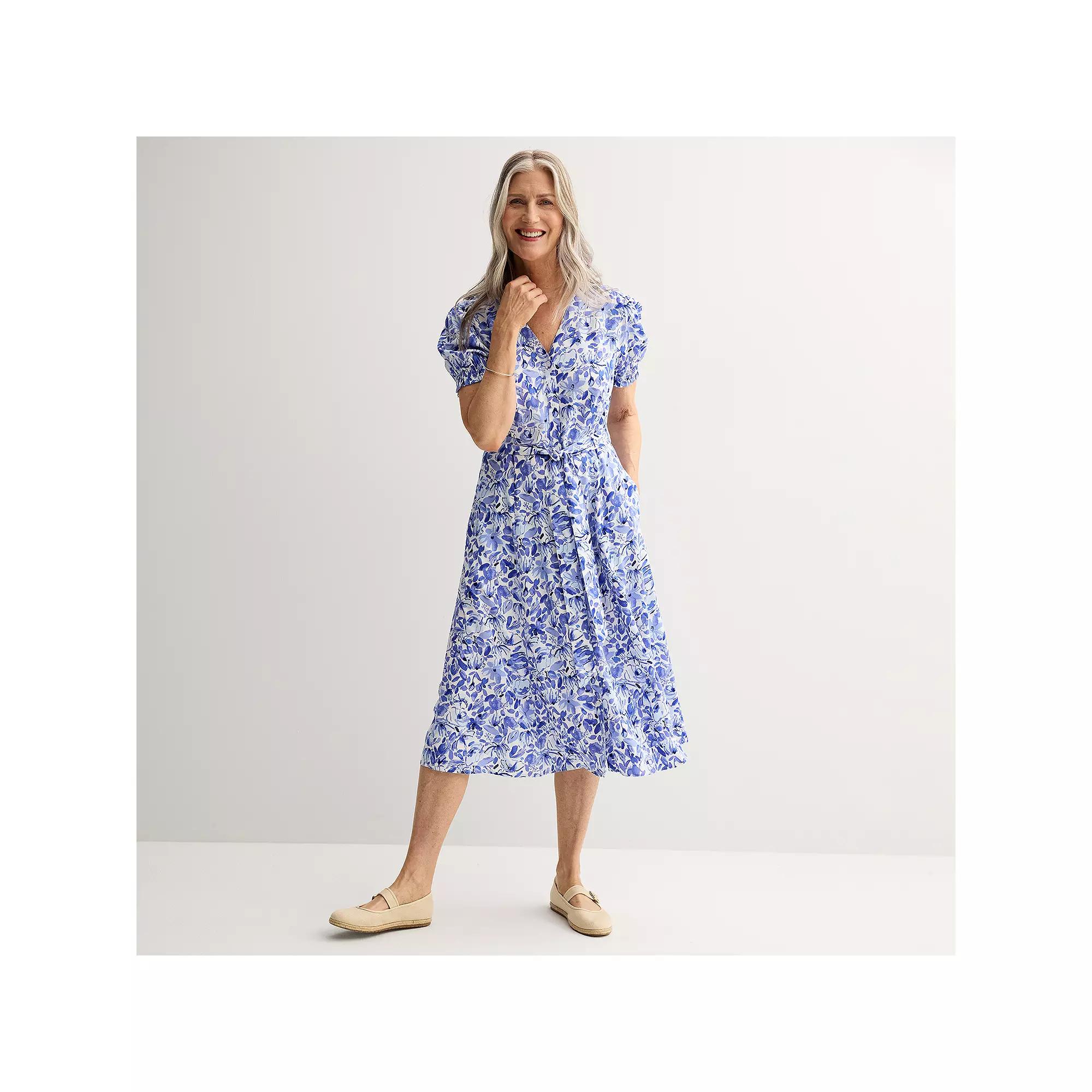 Women's Croft & Barrow® Button Front V-Neck Midi Dress, Size: Small, Blue Posy Floral Product Image
