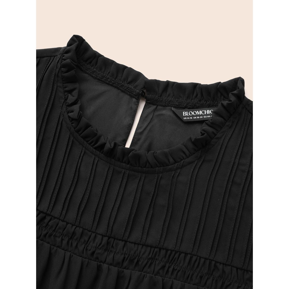 Plus Size DarkGreen Anti-Wrinkle Shirred Ruffle Sleeve Mesh Frill Trim Blouse Women Office Short sleeve Stand-up collar Office Blouses BloomChic 26/4X Product Image