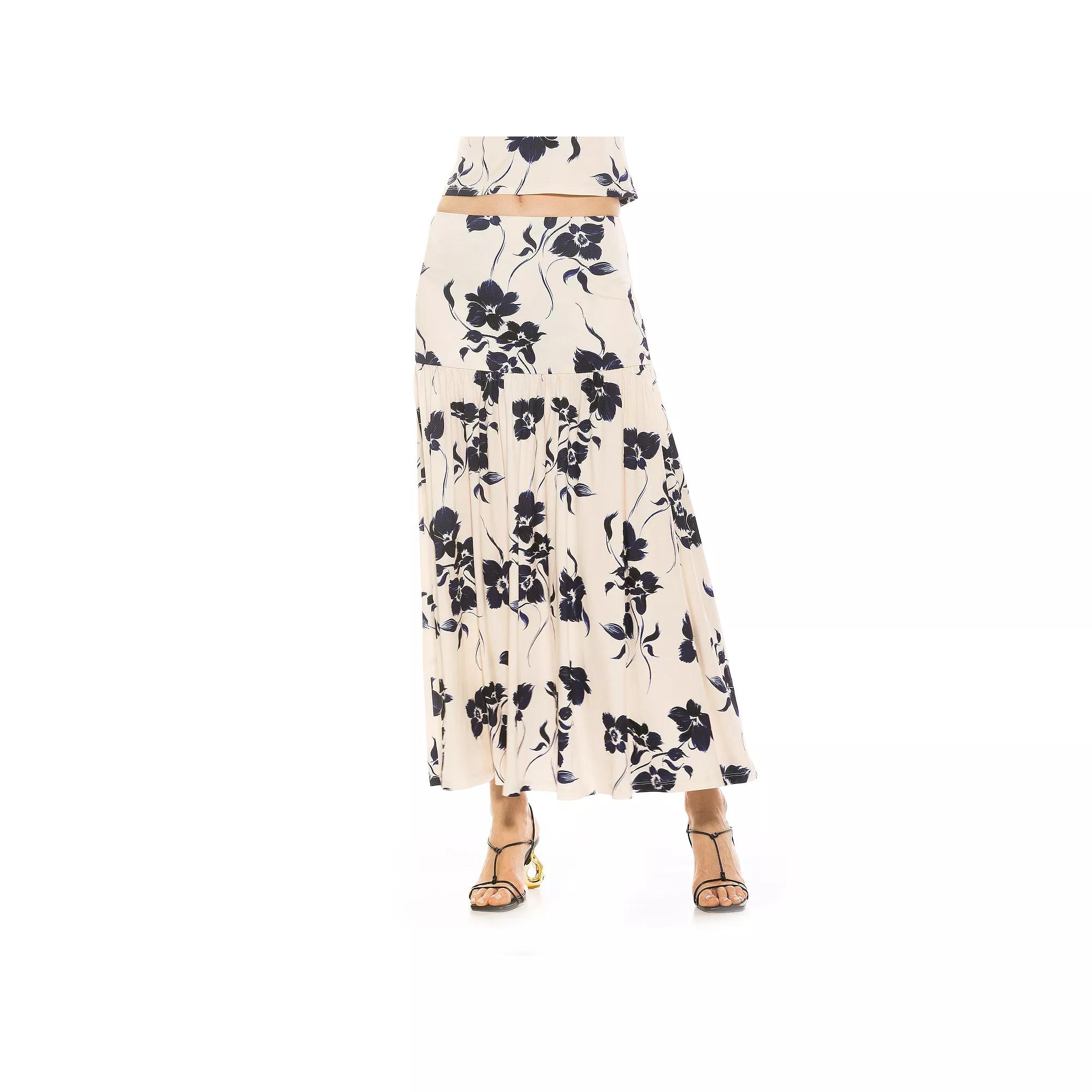 Women's ALEXIA ADMOR Lia Shirred Maxi Skirt, Size: XS, Blue Floral Product Image