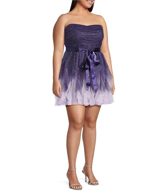 Pear Culture Plus Size Glitter Ombre Mesh Strapless Tie Waist Corkscrew Dress Product Image