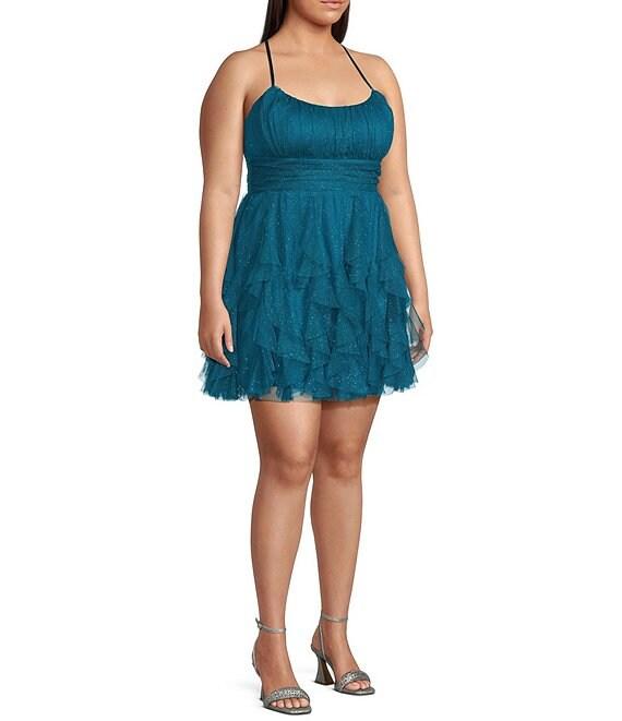 Pear Culture Plus Size Glitter Mesh Scoop Neck Corkscrew Ruffle Dress Product Image