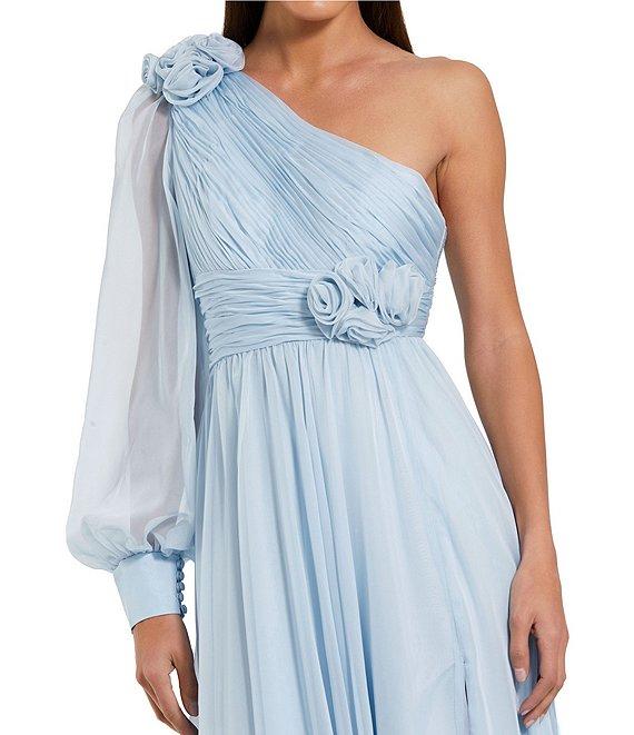 Mac Duggal Rosette Chiffon One Shoulder Neck Blouson Sleeve 3D Flower A-Line Gown Product Image