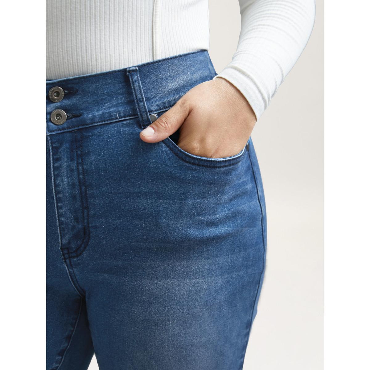 Plus Size Whiskered Stretchy Waist Bootcut Jeans Women Midblue Leisure Button Medium stretch Slanted pocket Jeans BloomChic 24/3X Product Image
