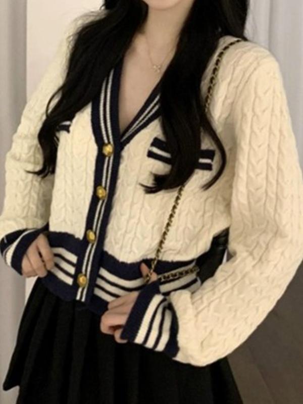 V Neck Striped Trim Splice Cable Knit Short Cardigan Product Image