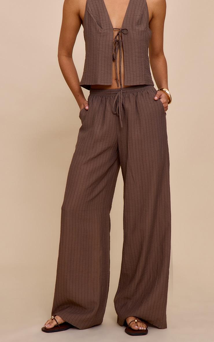 Brown Pinstriped Drawstring Wide Leg Pants Product Image