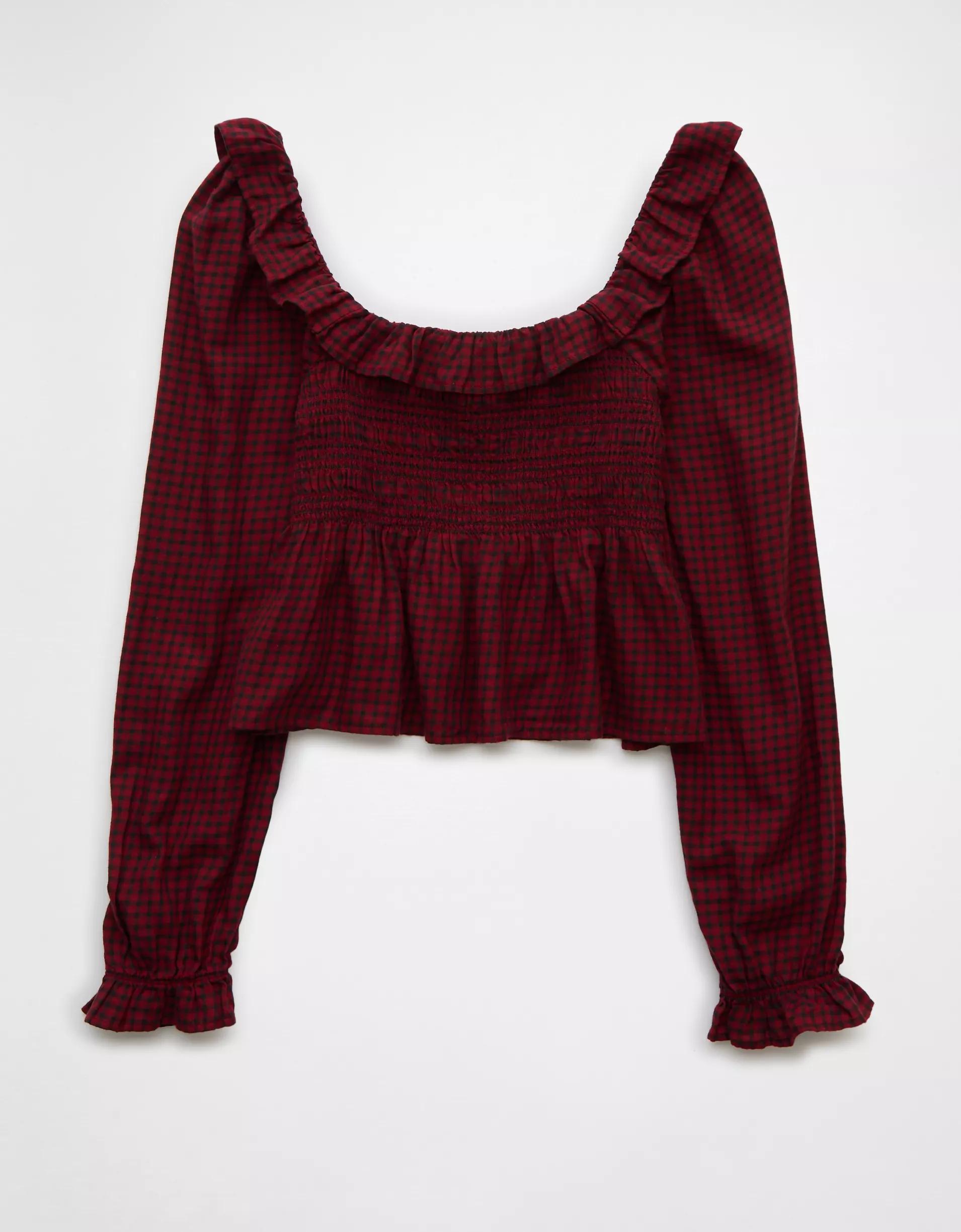 AE Long-Sleeve Smocked Ruffle Plaid Top Product Image