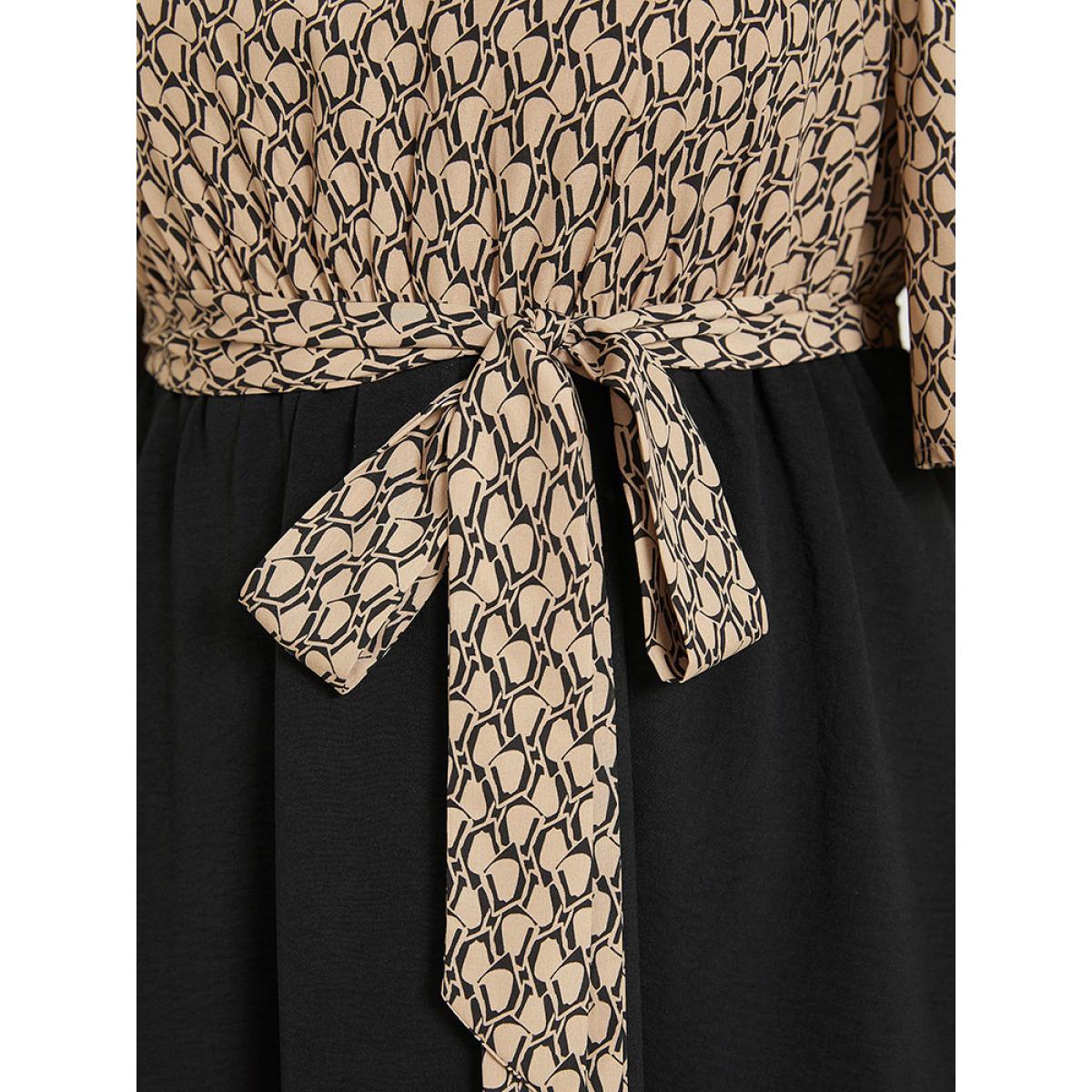 Plus Size Geometric Patchwork Pocket Belted Cold Shoulder Dress Tan Women Office Adjustable Straps Keyhole Cut-Out Half Sleeve Curvy Knee Dress BloomChic 14-16/1X Product Image