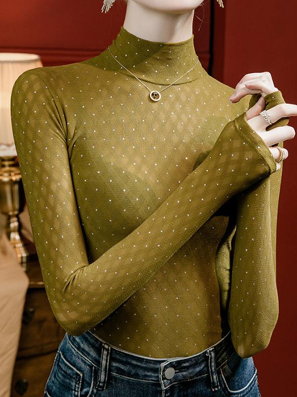 Long Sleeves Plus Size Rhine Stones See-Through Split-Joint Mock Neck T-Shirts Tops Product Image