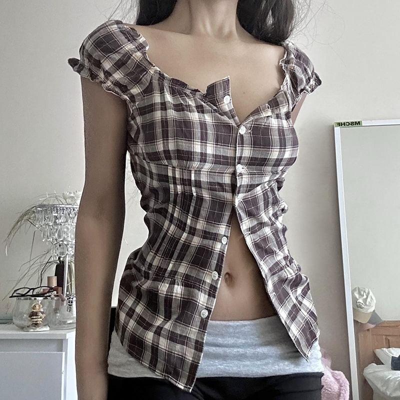Puff Sleeve Scoop Neck Plaid Ruffled-Trim Slim-Fit Shirt Product Image