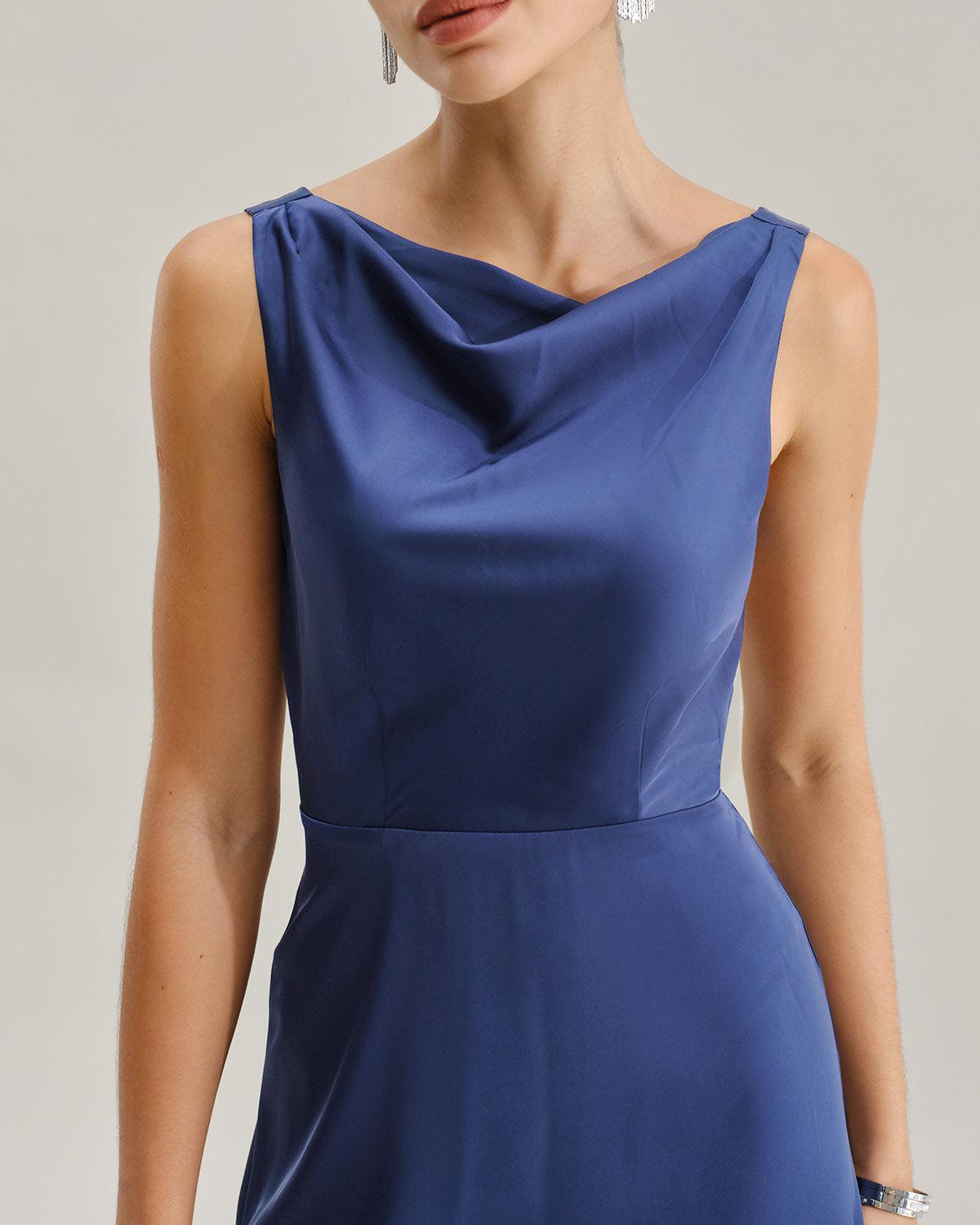 Navy Cowl Neck Satin Sleeveless Maxi Dress Product Image