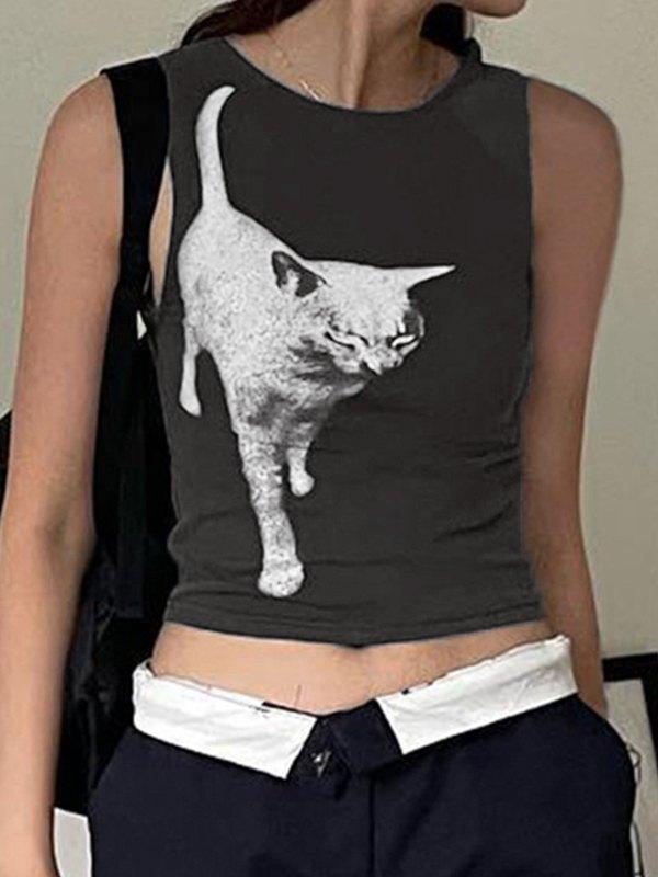 Cat Print Cropped Tank Top Product Image
