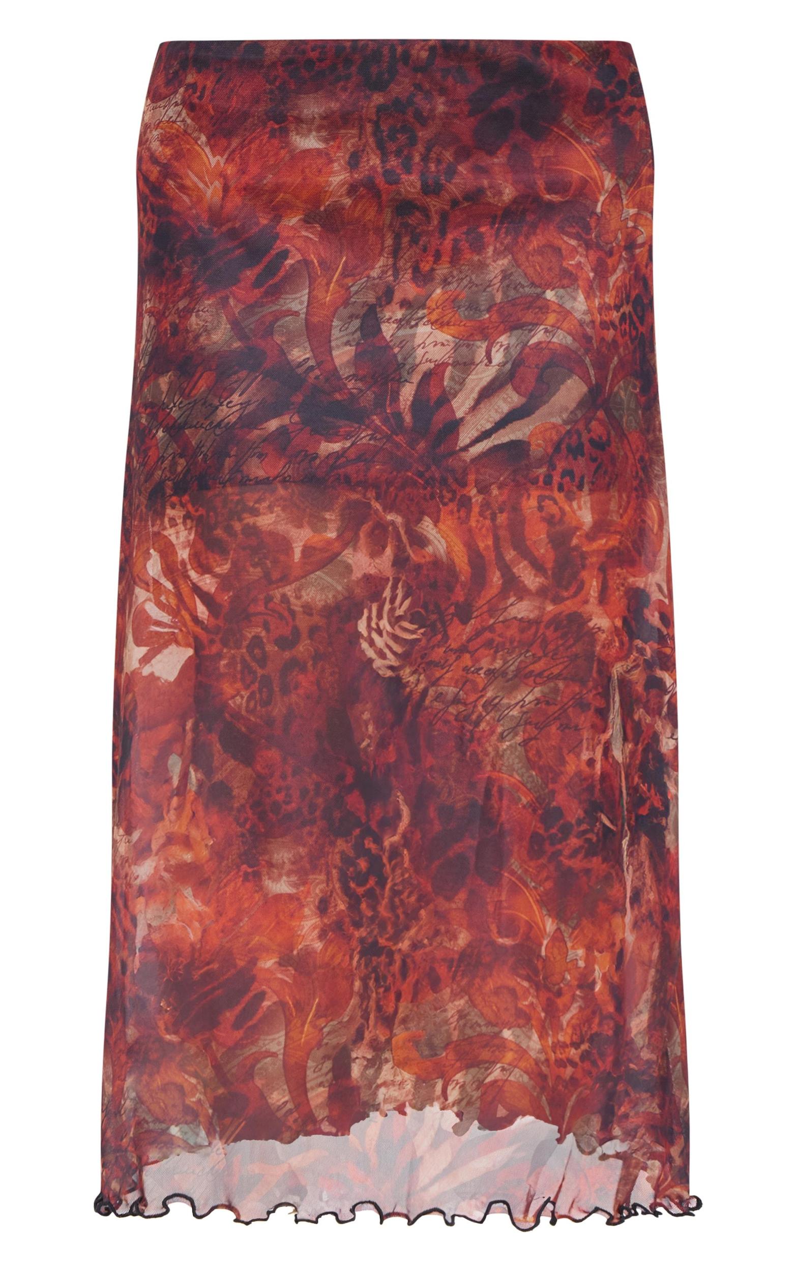 Burgundy Multi Abstract Print Mesh Maxi Skirt Product Image