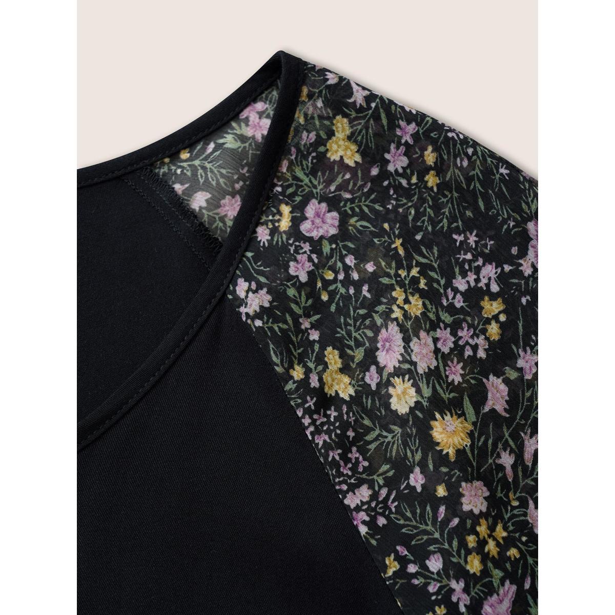 Plus Size Black Ditsy Floral Patchwork Ties Flutter Sleeve Blouse Women Elegant Short sleeve V-neck Everyday Blouses BloomChic 18-20/2X Product Image