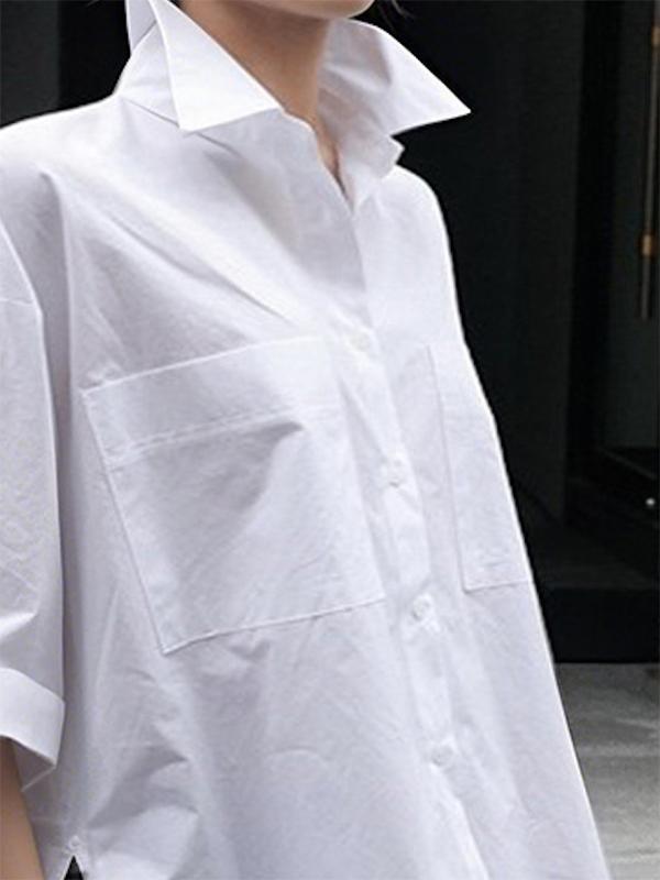 Half Sleeves Loose Buttoned Pockets Solid Color Lapel Blouses&Shirts Tops Product Image