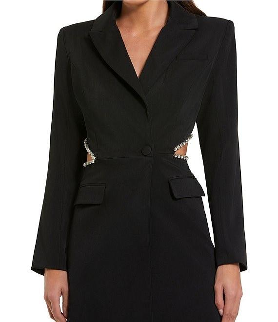 Mac Duggal Crepe Notch Collar Long Sleeves Rhinestone Open Back Cut-Out Tuxedo Mini Dress Product Image