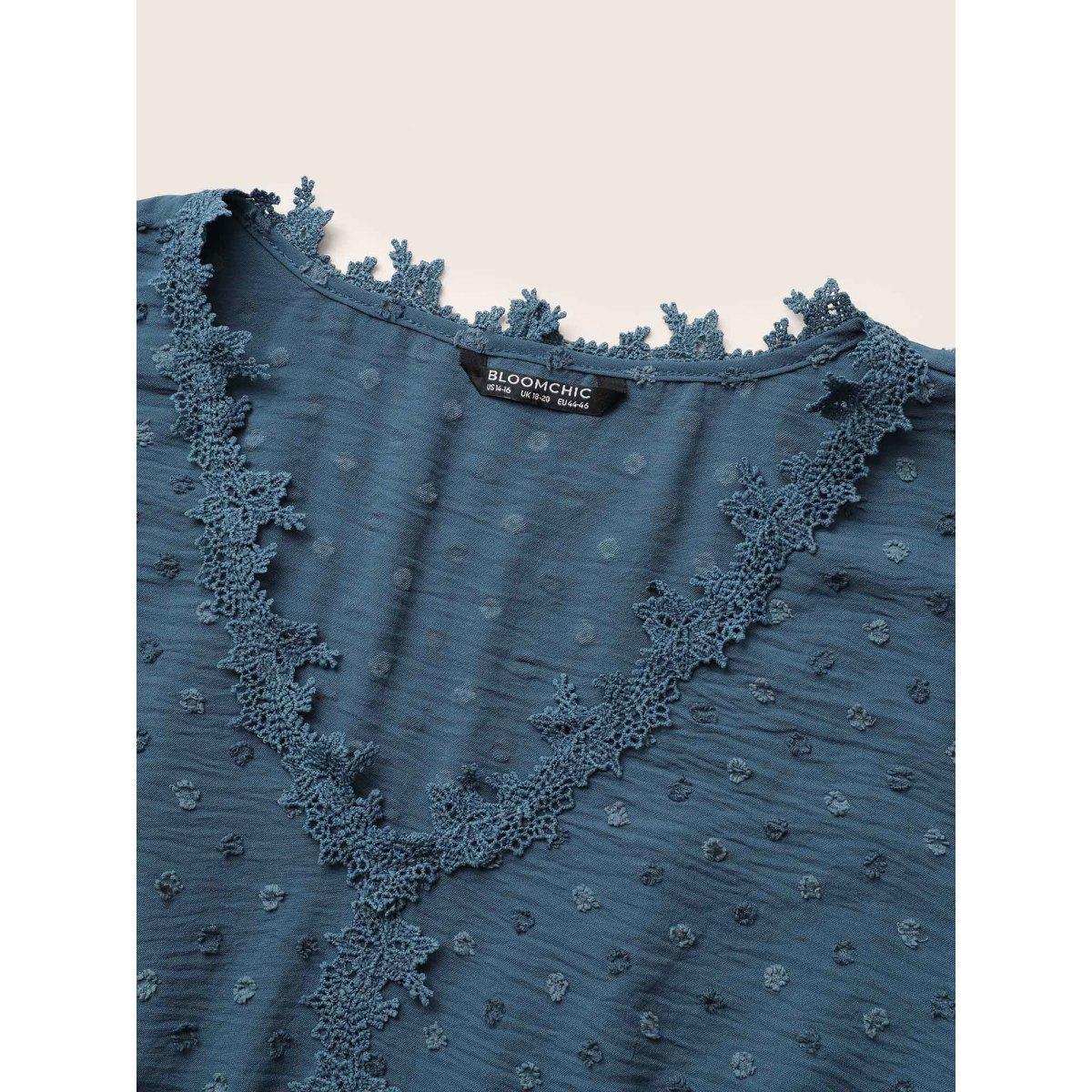 Plus Size Stone Polka Dot Textured Petal Sleeve Lace Trim Blouse Women Elegant Half Sleeve V-neck Work Blouses BloomChic 30/6X Product Image