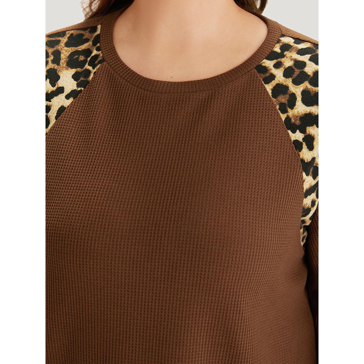 Plus Size Leopard Patchwork Waffle Knit Elastic Cuffs T-shirt DarkBrown Women Casual Elastic cuffs Leopard Round Neck Dailywear T-shirts BloomChic 18-20/2X Product Image