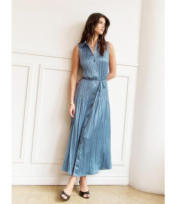 Current Air Pleated Collared Sleeveless Button Front Midi Shirtdress Product Image