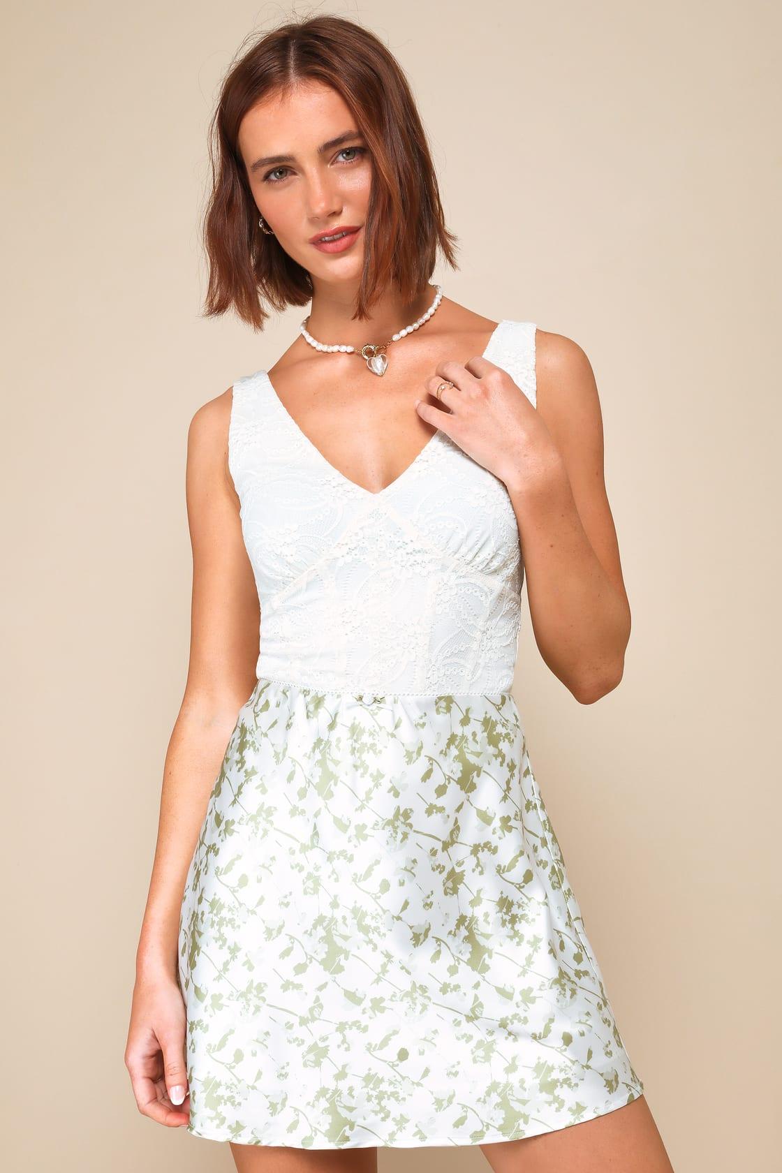 True Cutie Ivory and Green Floral Print Satin Mini Skirt Product Image