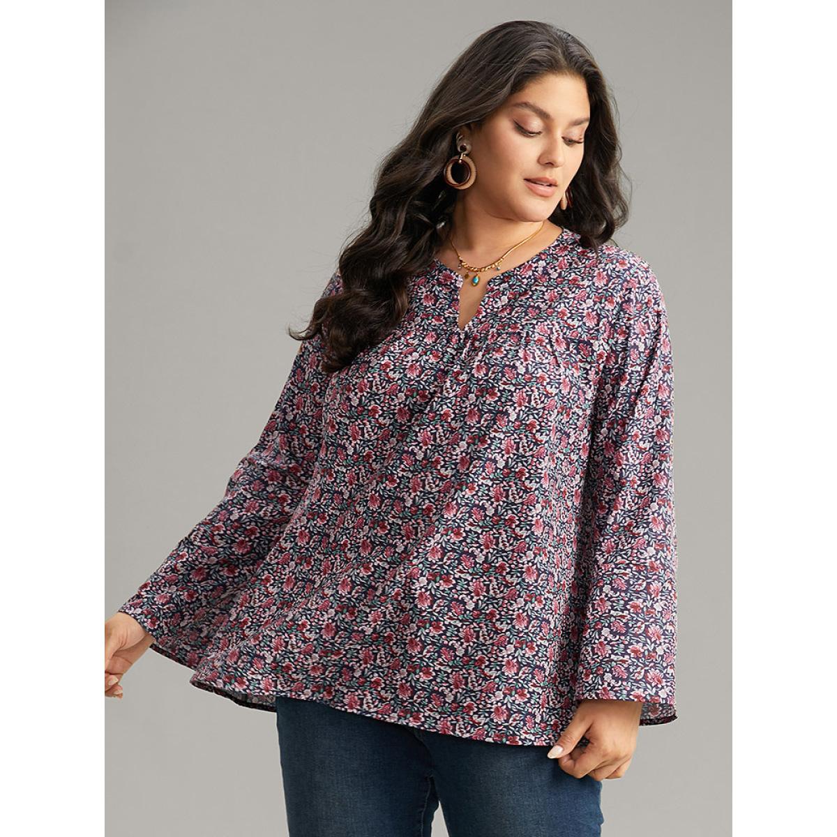 Plus Size Indigo Ditsy Floral Notched Bell Sleeve Blouse Women Vacation Long Sleeve Notched collar Dailywear Blouses BloomChic 10/M Product Image