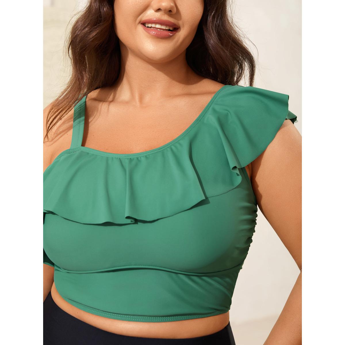 Plus Size Ruffled Asymmetrical Shoulder Strap Swim Top Women's Swimwear Greenbean Resort Ruffles High stretch Skinny Asymmetrical Neck Curve Swim Tops BloomChic 12/L Product Image