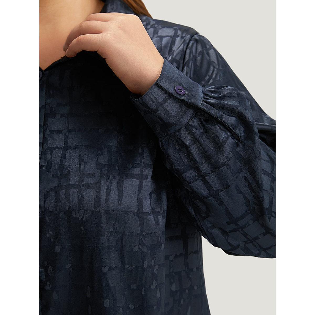 Plus Size Indigo Plisse Satin Button Up Curved Hem Blouse Women Office Long Sleeve Shirt collar Office Blouses BloomChic 30/6X Product Image