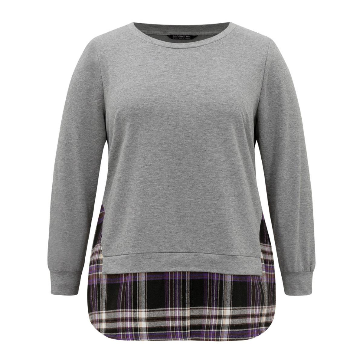 Plus Size Plaid Patchwork Contrast Crew Neck Sweatshirt Women Gray Casual Contrast Round Neck Dailywear Sweatshirts BloomChic 14-16/1X Product Image