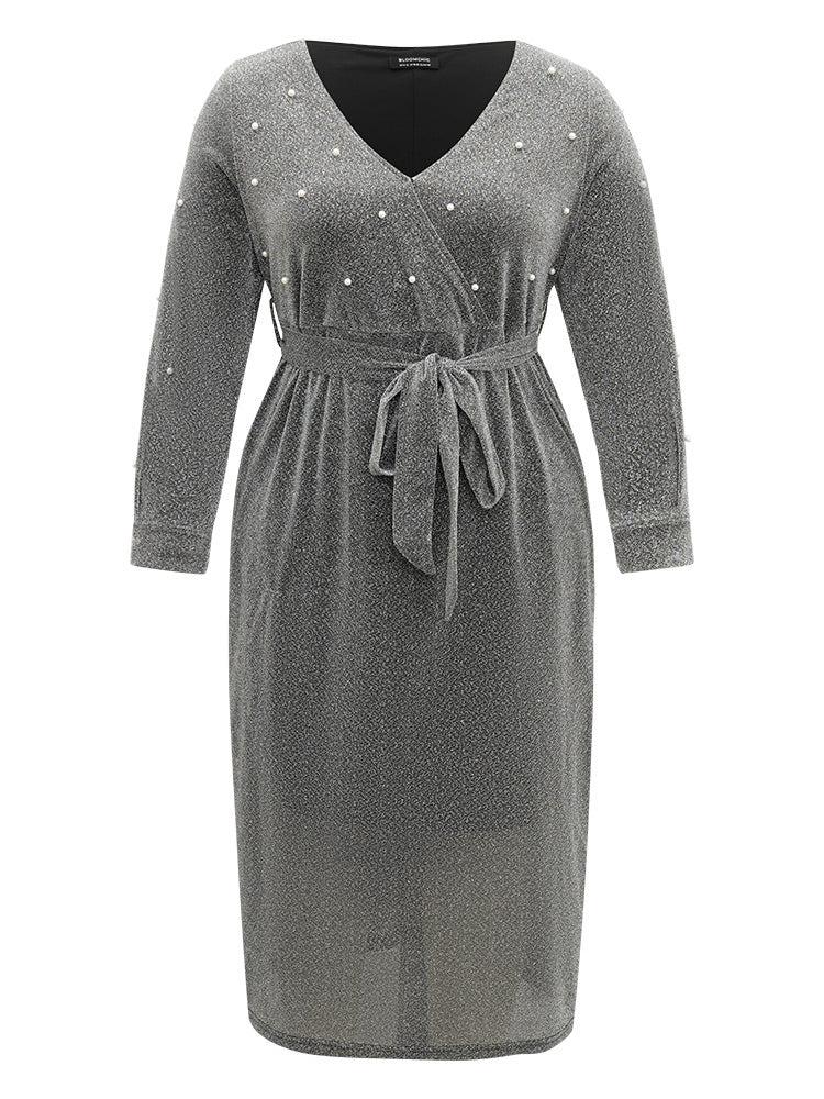 V Neck Pearl Beaded Belted Dress Female Product Image