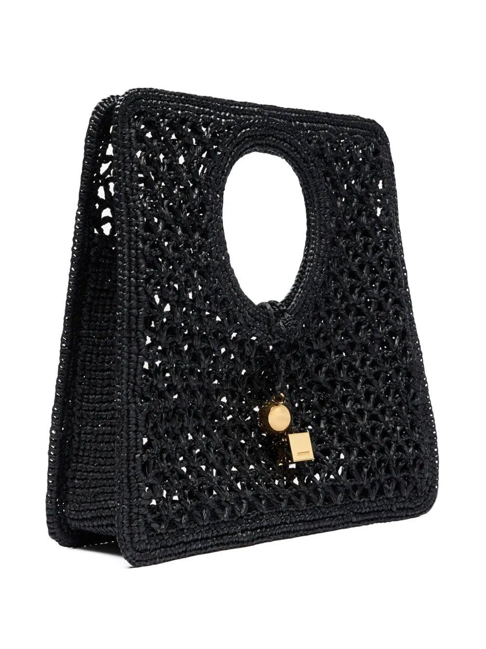 JACQUEMUS Carre Spiaggia Embellished Braided Raffia Tote In Black Product Image