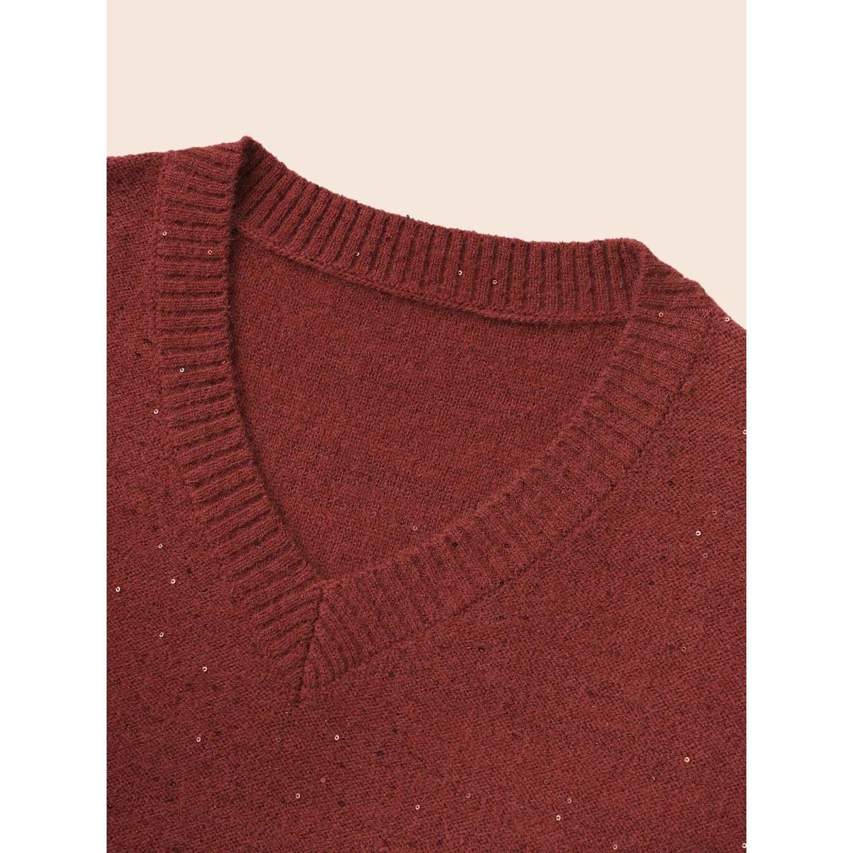 Plus Size V Neck Glitter Dropped Shoulder Split Hem Pullover Deepred Women Casual Loose Long Sleeve V-neck Everyday Pullovers BloomChic 14-16/1X Product Image
