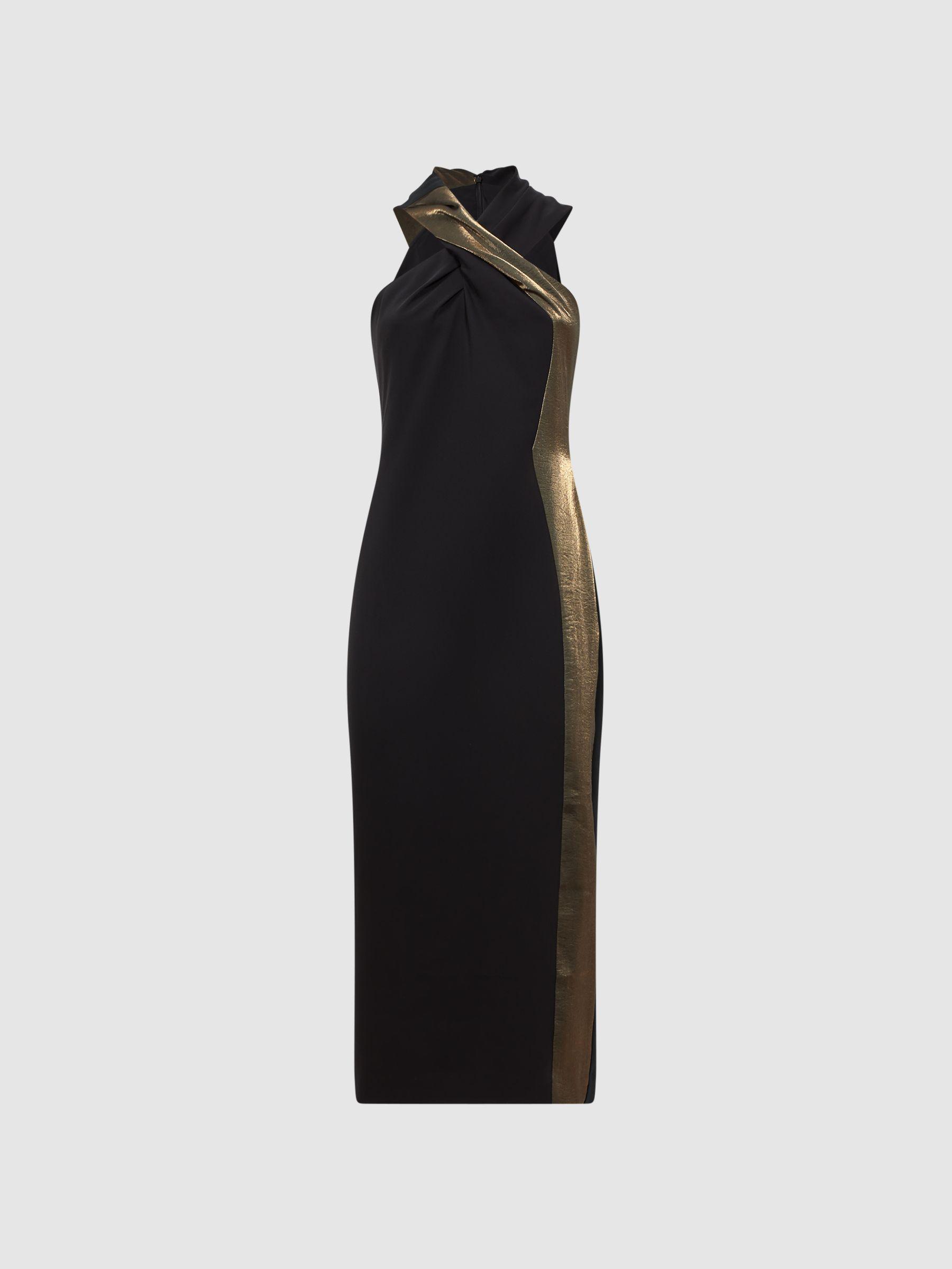 Metallic Stripe Bodycon Midi Dress in Black/Bronze Product Image