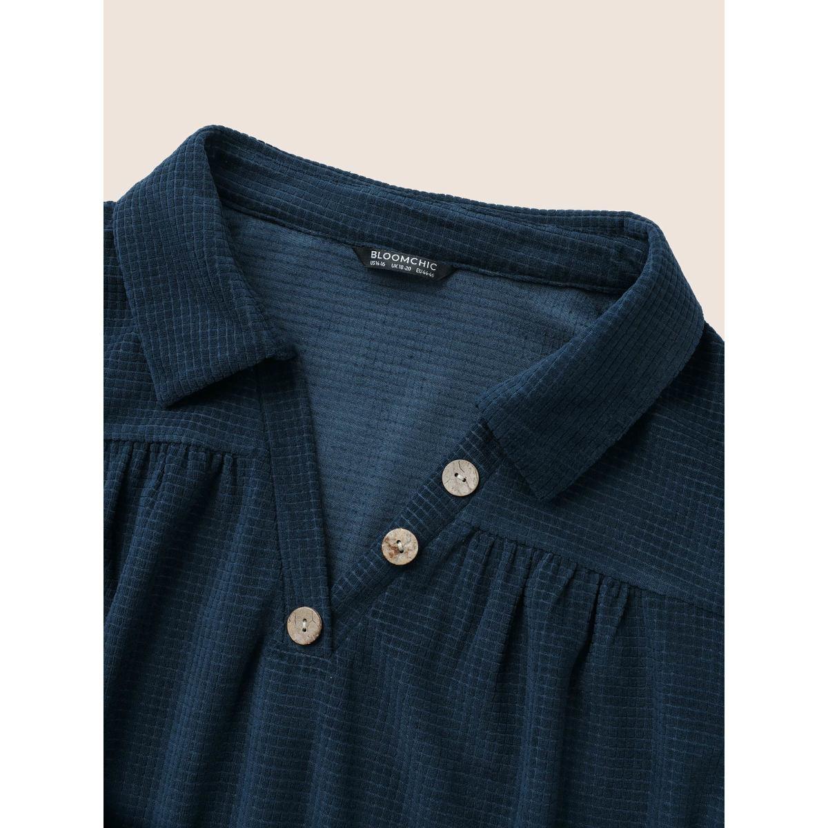 Plus Size Plain Waffle Knit Gathered Button Detail T-shirt Blue Women Casual Texture Plain Polo Everyday T-shirts BloomChic 14-16/1X Product Image