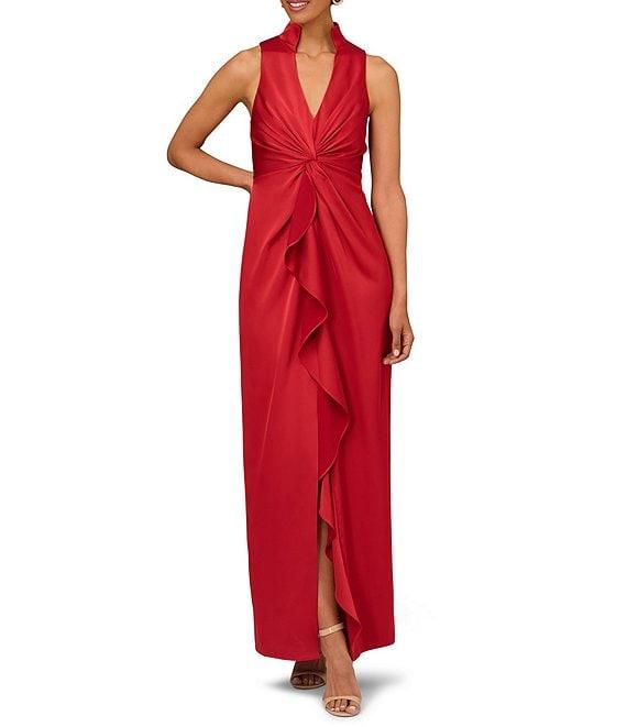 Aidan Mattox Satin V-Neck Twist Front with Cascading Ruffle Gown Product Image