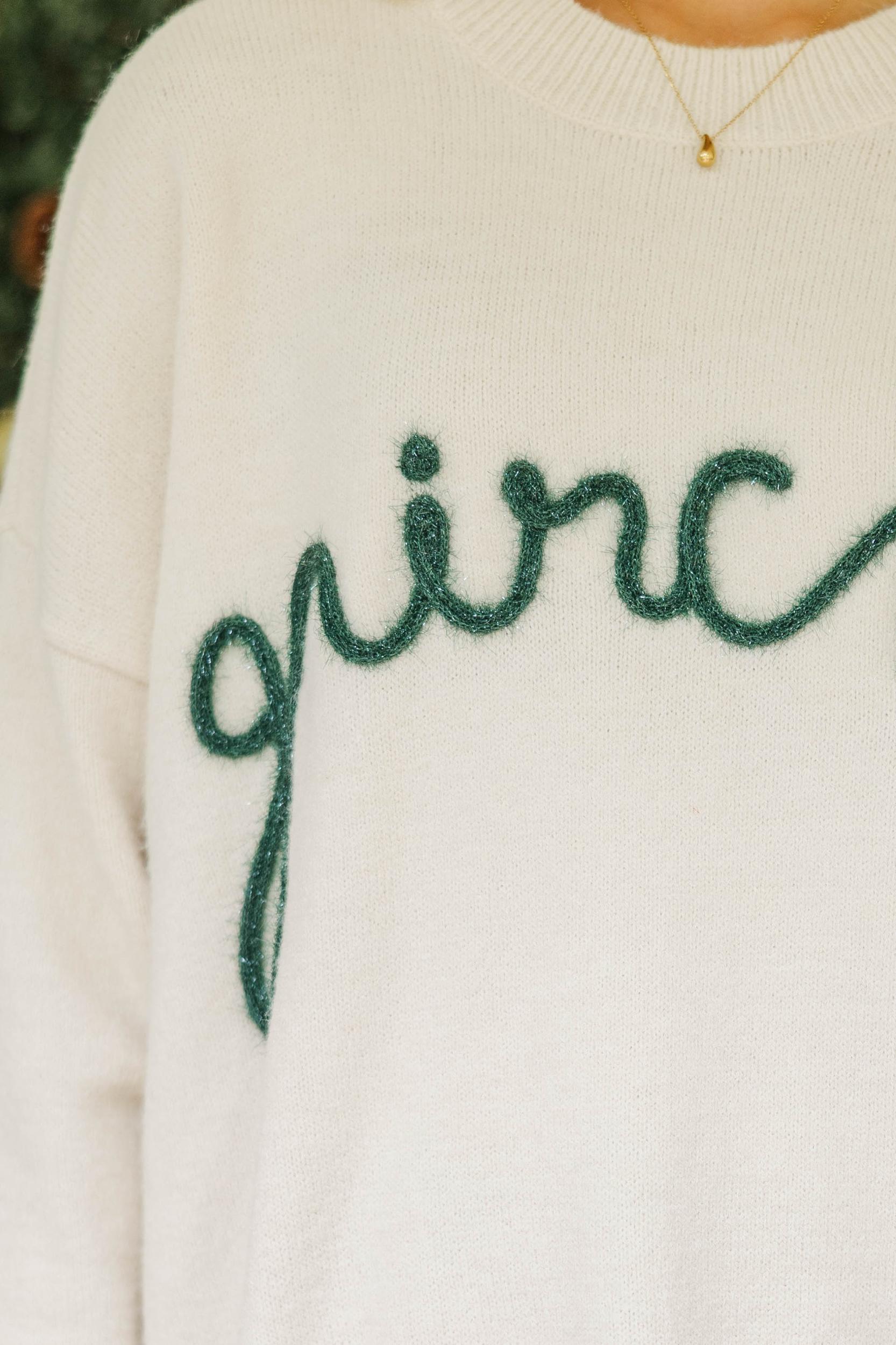 Feeling Grinchy Cream White Script Sweater Female Product Image