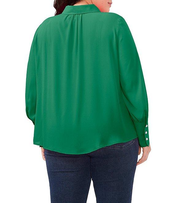 CeCe Plus Size Heavy Georgette Point Collar Long Sleeve Pearl Button Front Shirt Product Image