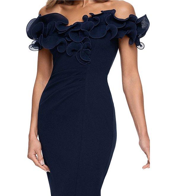 Xscape Scuba Crepe V-Neck Sleeveless Wire Ruffle Trim Ruched Back Dress Product Image