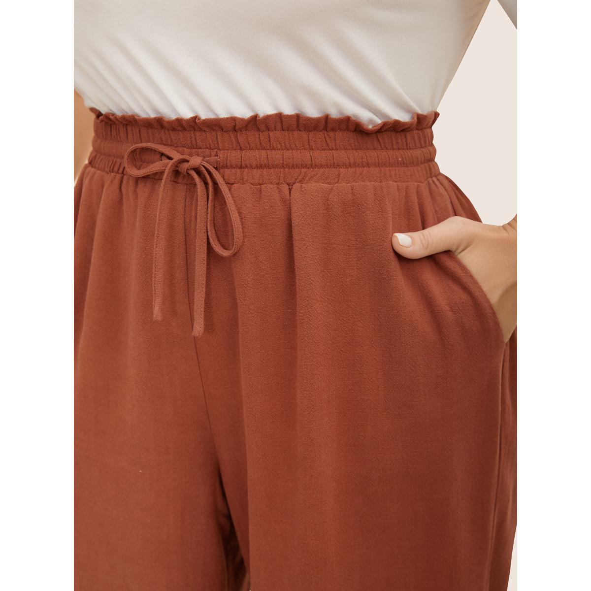 Plus Size Cotton Linen Paperbag Waist Wide Leg Pants Women Browncoffeecolor Casual Wide Leg Mid Rise Everyday Pants BloomChic 14-16/1X Product Image