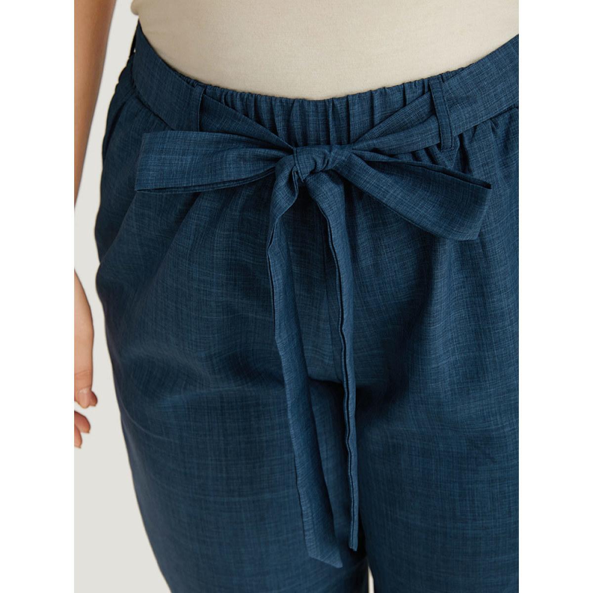 Plus Size Solid Elastic Waist Pocket Belted Pants Women Indigo Casual Straight Leg High Rise Dailywear Pants BloomChic 10/M Product Image