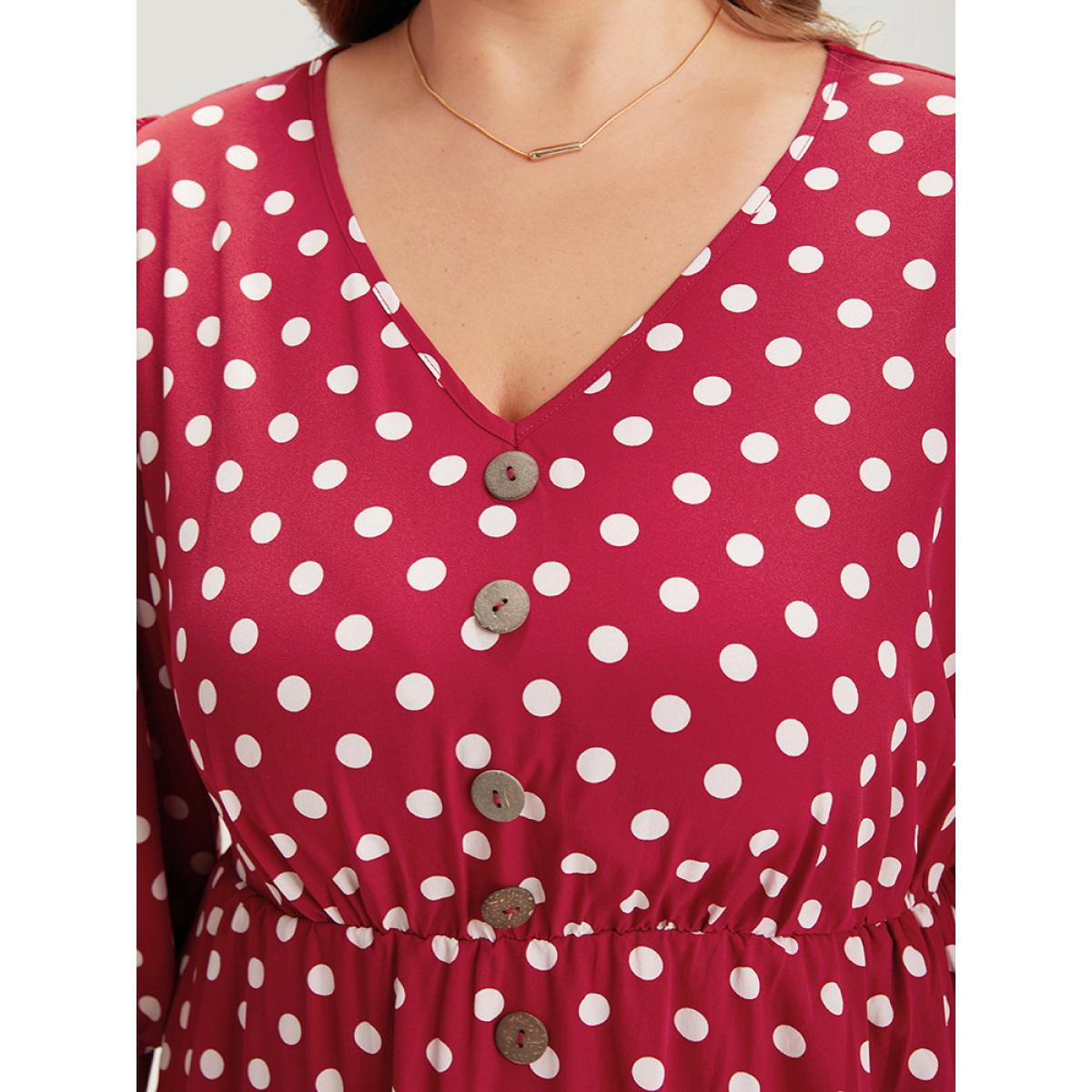 Plus Size Polka Dot Pocket Button Detail Lantern Sleeve Dress Scarlet Women Elegant Printed V-neck Half Sleeve Curvy Midi Dress BloomChic 12/L Product Image