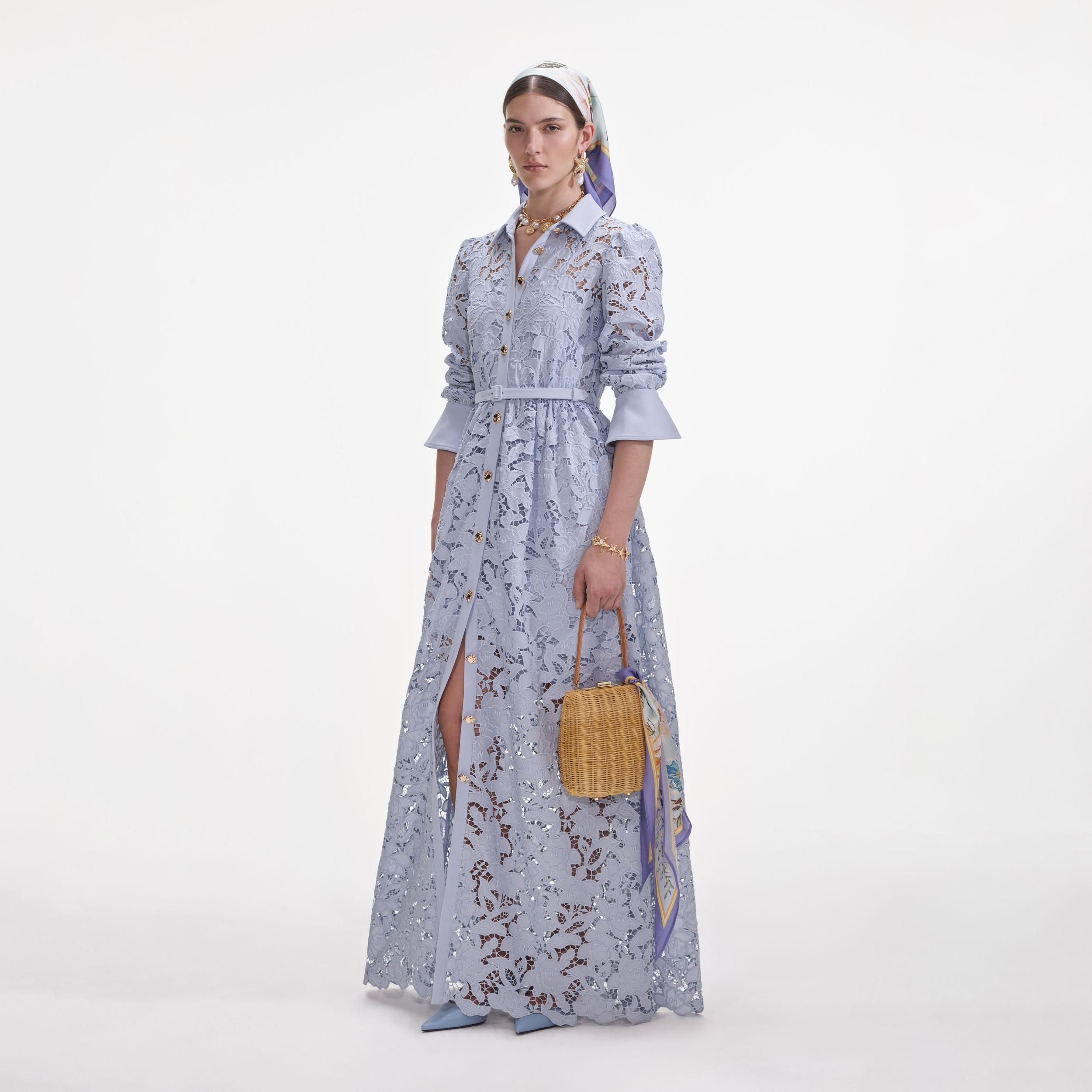 Blue Lace Collared Maxi Dress Product Image