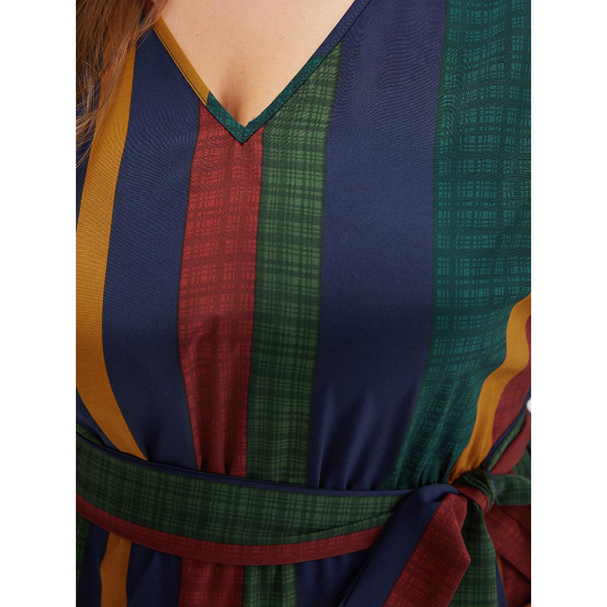 Plus Size Colour Striped Contrast Belted Dress Multicolor Women Office Belted V-neck Half Sleeve Curvy Midi Dress BloomChic 22-24/3X Product Image