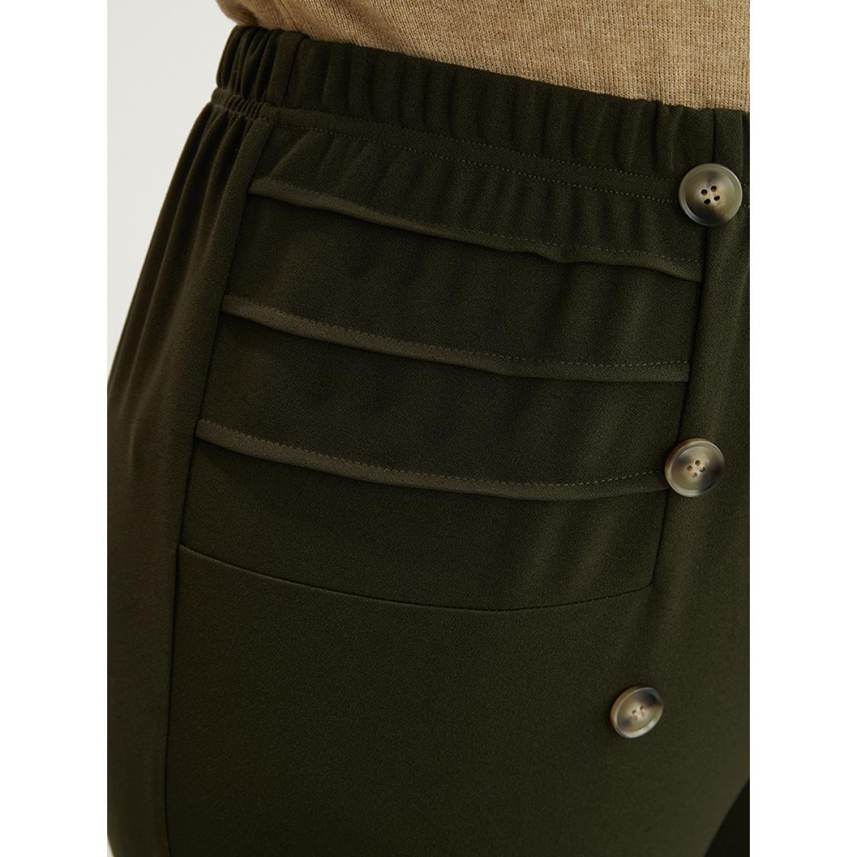 Plus Size Solid Elastic Waist Button Detail Skinny Leggings Women ArmyGreen Elegant Low stretch Skinny Mid Rise Dailywear Leggings BloomChic 14-16/1X Product Image