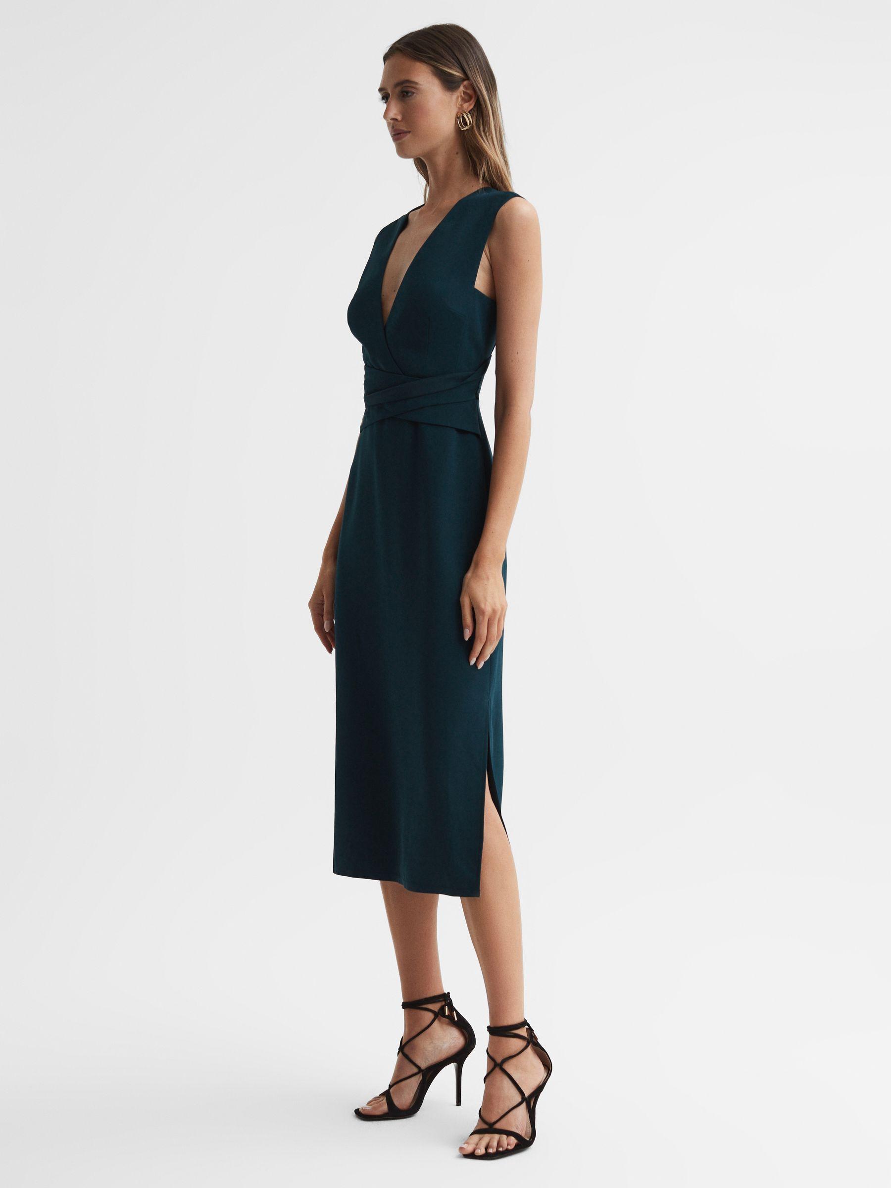 Fitted Wrap Design Midi Dress in Teal Product Image
