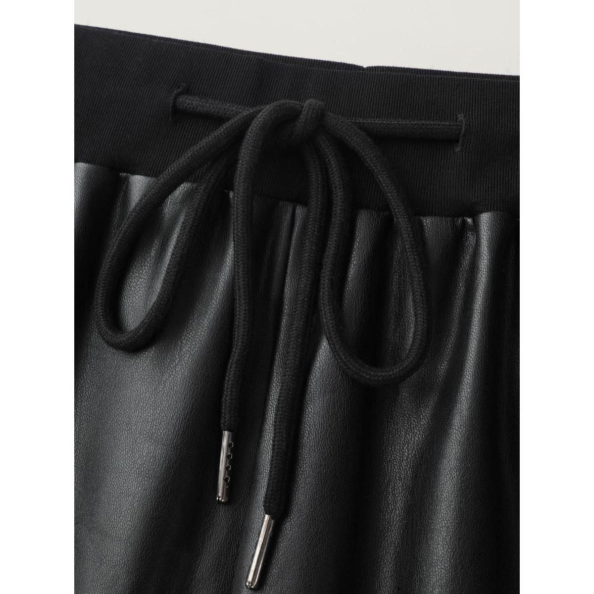 Plus Size Ribbed Trim Spliced Leather Drawstring Pants Women Black Party&Cocktail Bodycon Mid Rise Party Pants BloomChic 18-20/2X Product Image