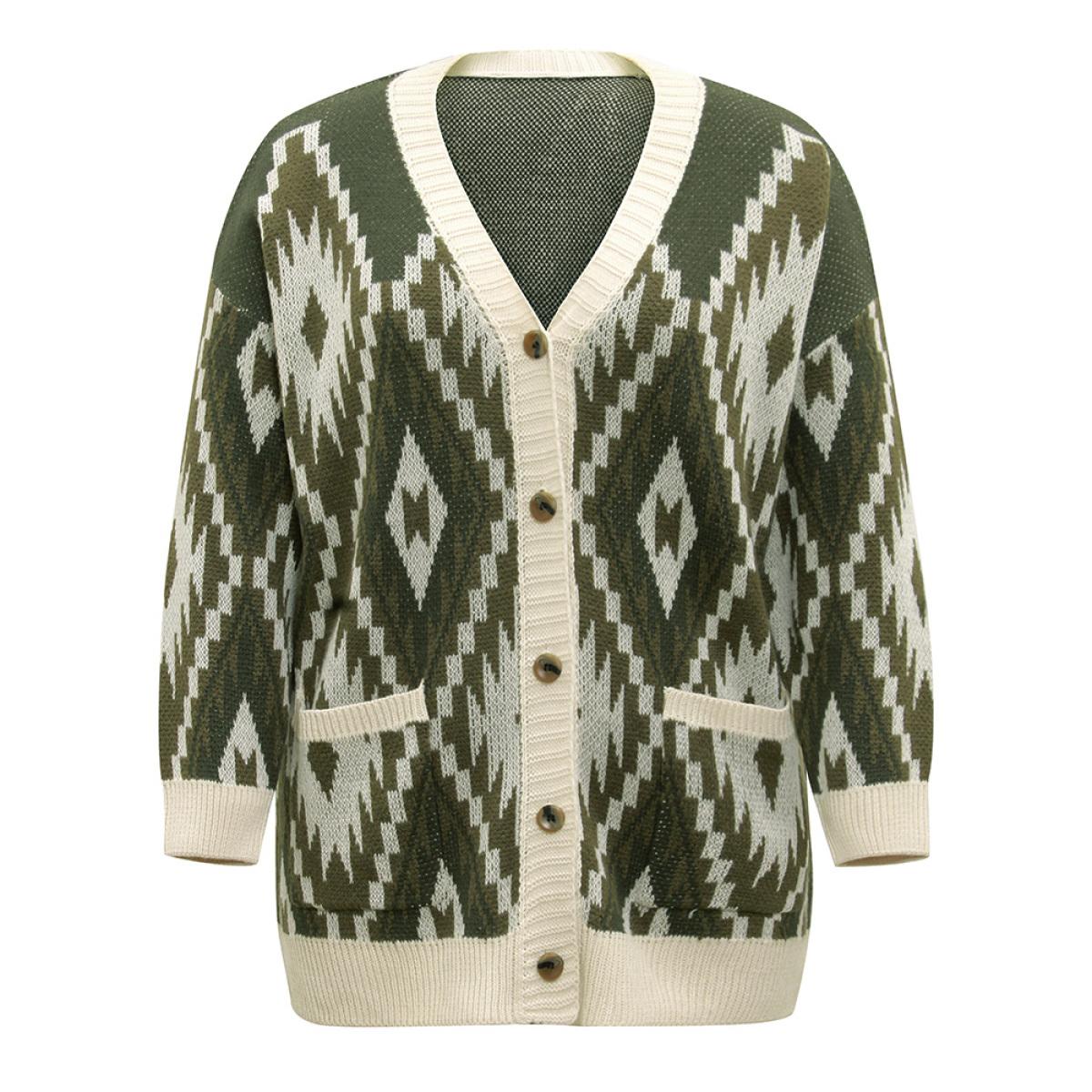 Plus Size Bandana Jacquard Button Through Patched Pocket Cardigan ArmyGreen Women Casual Loose Long Sleeve Dailywear Cardigans BloomChic 30/6X Product Image