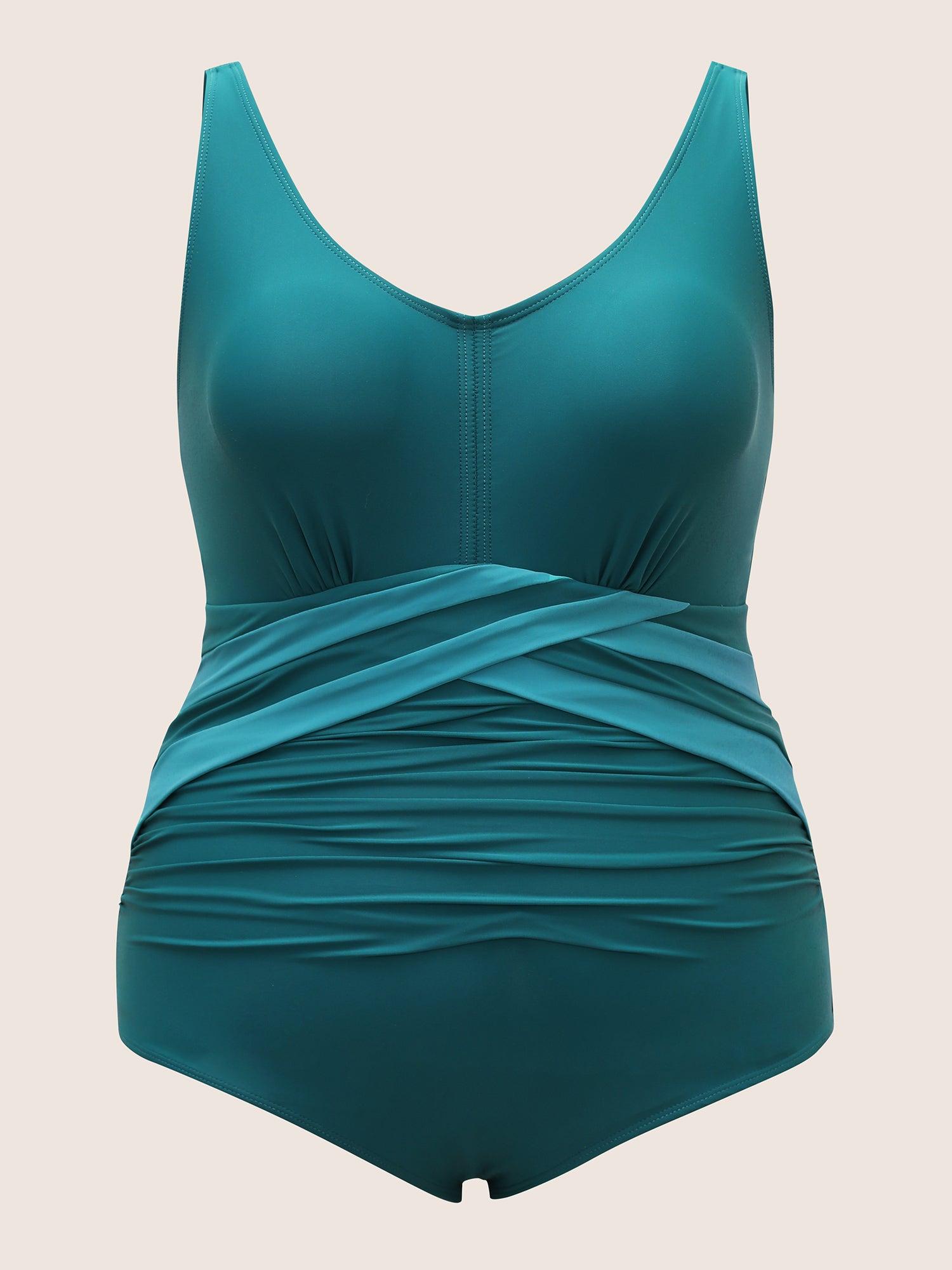 Two Tone Crossover Gathered One Piece Swimsuit Female Product Image