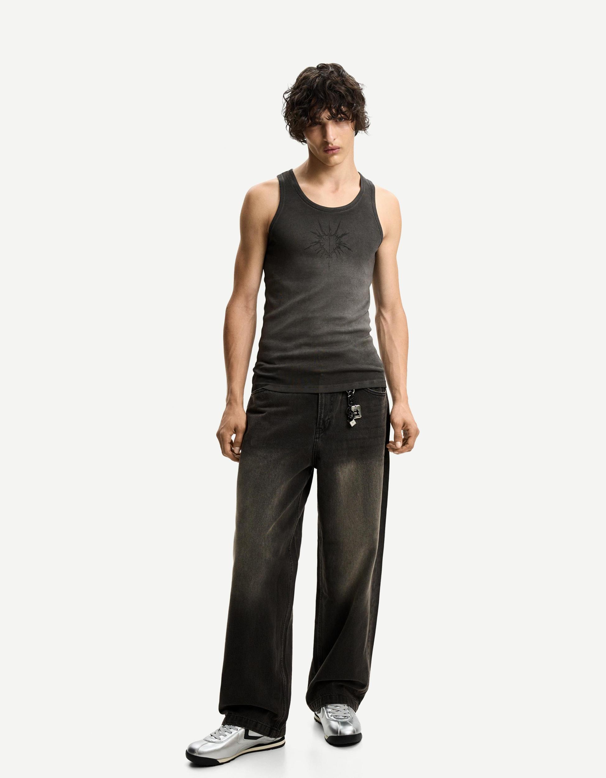 Ribbed printed T-shirt with straps Product Image